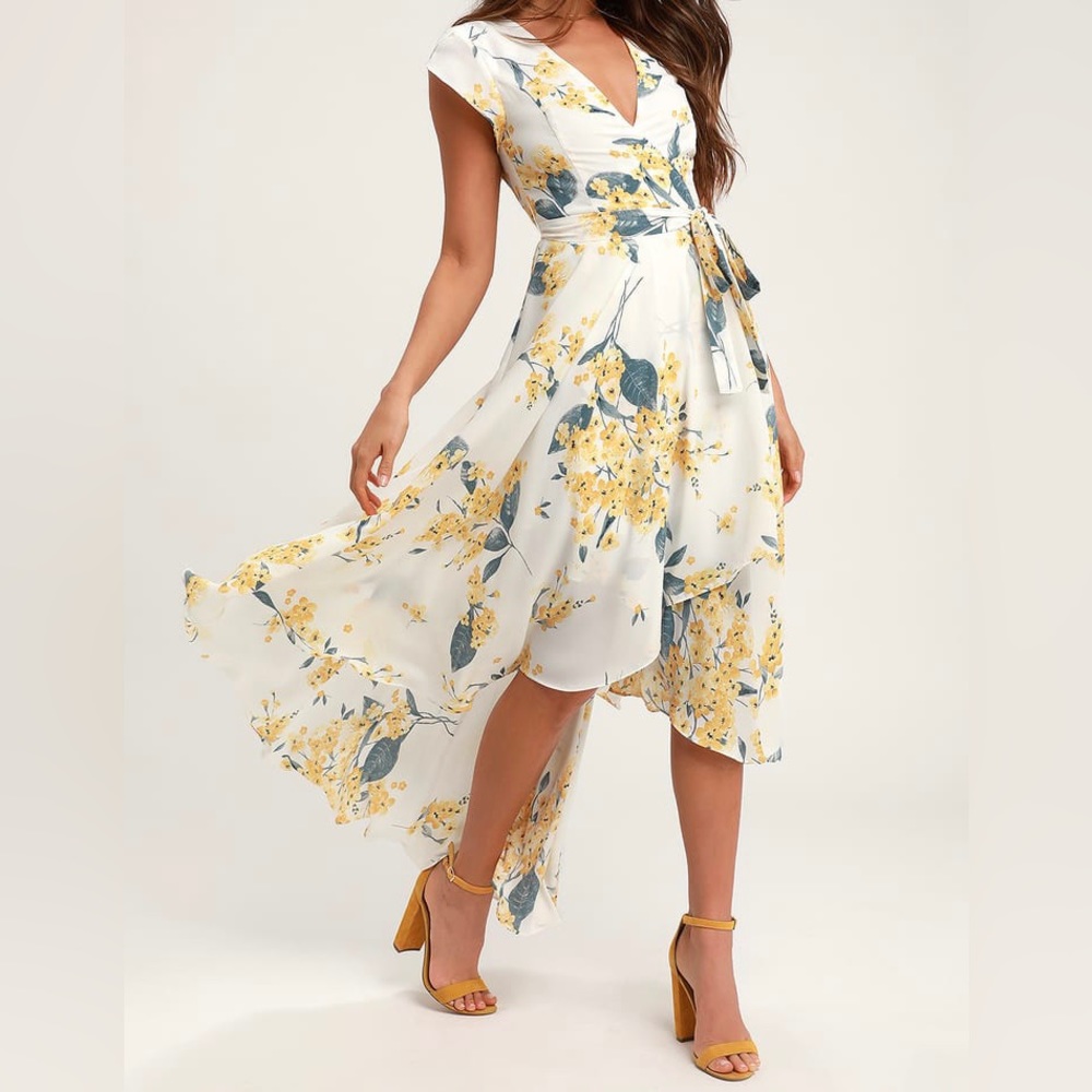 Lulu’s French Countryside White and Yellow Floral Print High-Low Dress